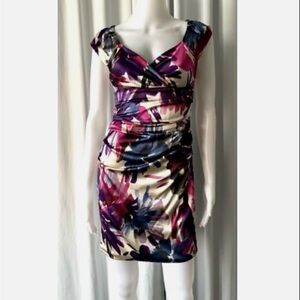 Suzi Chin for Maggy Boutique Silk Satin Ruched Sheath Floral Dress